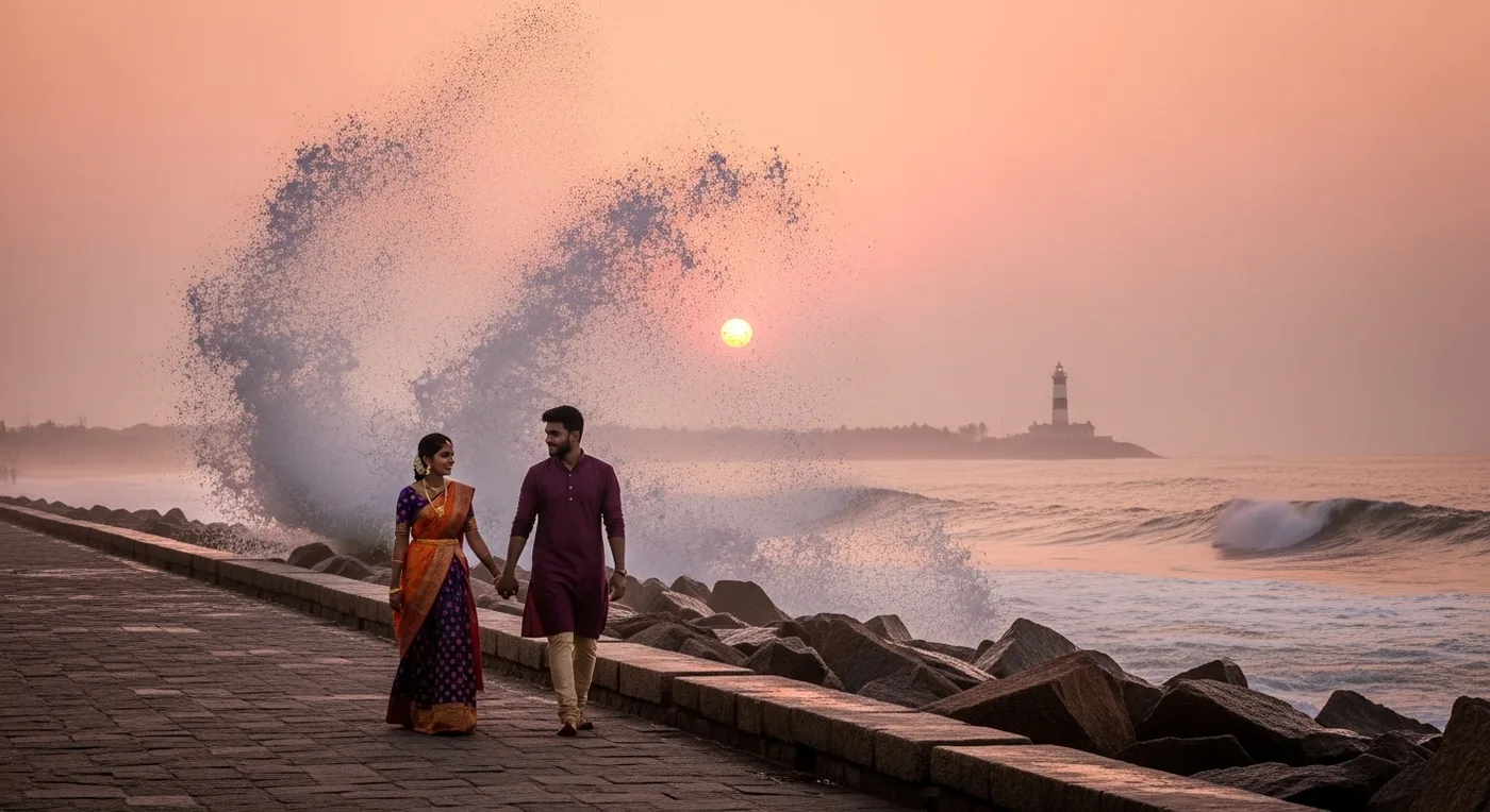 Couple walking along Rock Beach Promenade at sunrise with waves crashing on rocks