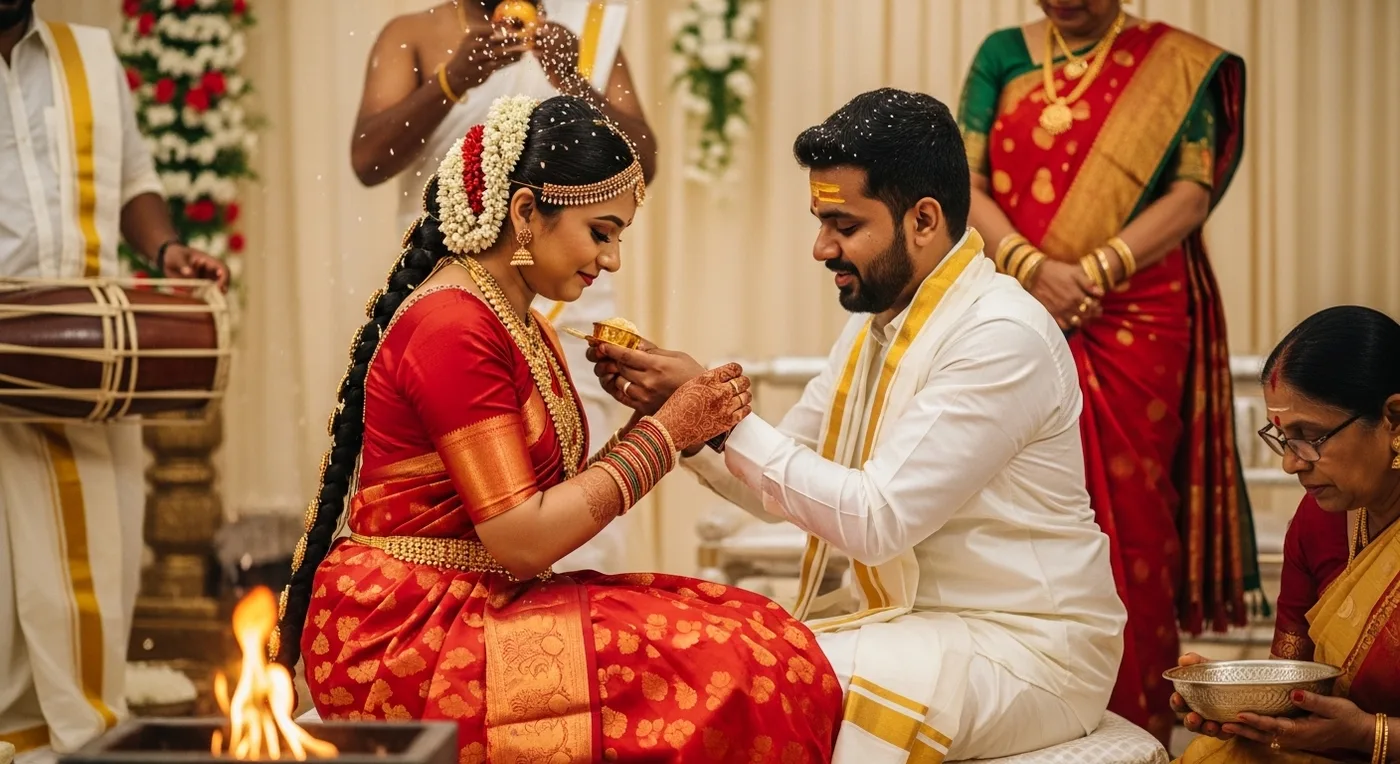 Traditional Tamil wedding ceremony with bride and groom at mandapam