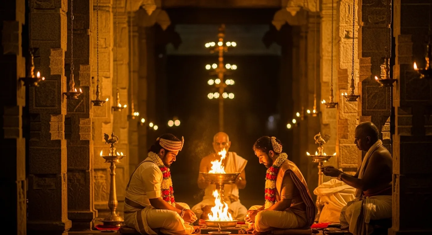 Close-up of a mirrorless camera with a fast prime lens next to temple oil lamps