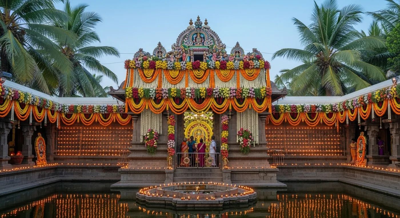 Chamundeshwari Temple atop Chamundi Hills with Mysuru city panorama at sunset