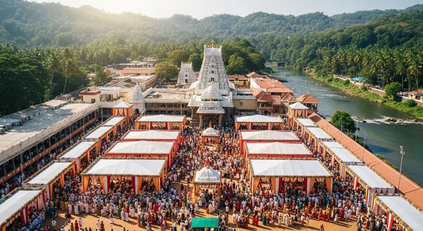 Couple walking through the ornate pillared corridor of Meenakshi Temple after their wedding ceremony