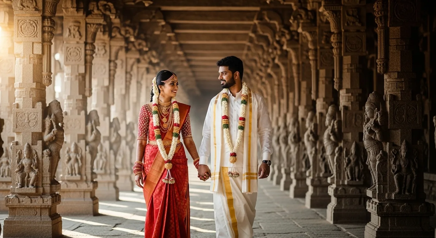 Nadaswaram musicians playing traditional instruments during a wedding ceremony at Meenakshi Temple