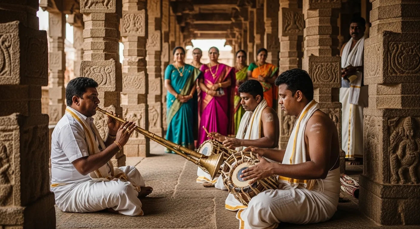 Bride and groom during a ceremony at Meenakshi Temple with priest performing rituals near sacred fire