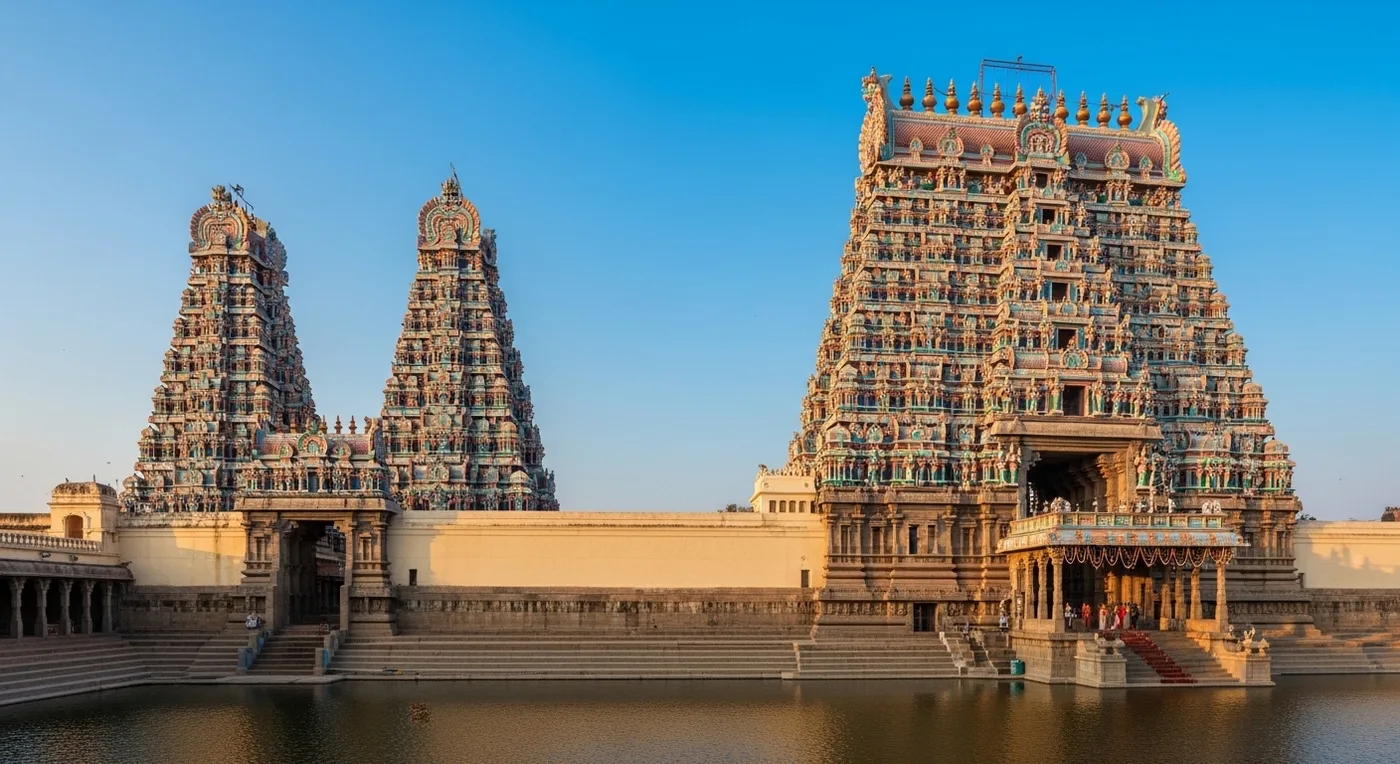 Meenakshi Amman Temple gopuram in Madurai with wedding decorations and couple in traditional attire