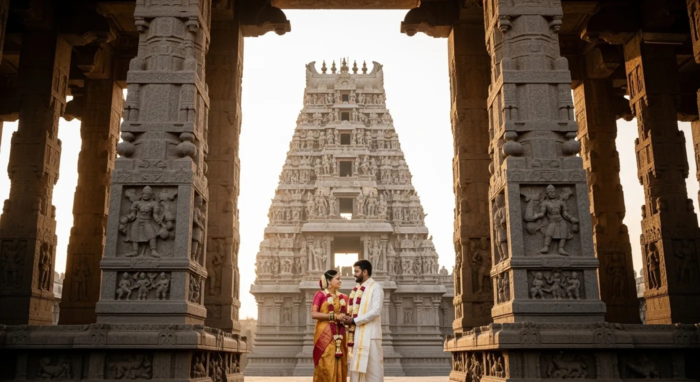 Photographer working discreetly in a dimly lit temple mandapam during a wedding ceremony