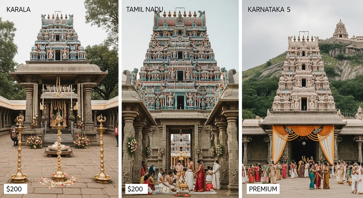 Edited temple wedding photograph showing the couple during the saptapadi ceremony lit by oil lamps