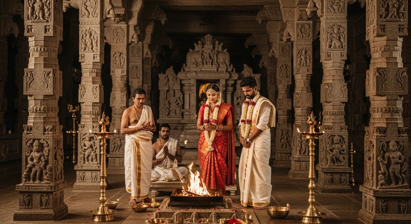 South Indian temple wedding ceremony with sacred fire inside a carved stone mandapam