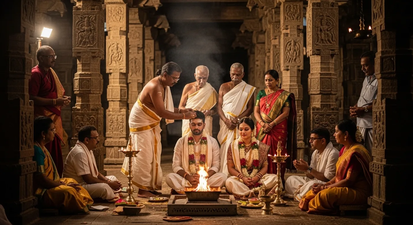 Aerial view of Sri Ranganathaswamy Temple showing seven concentric prakarams and the island setting between rivers