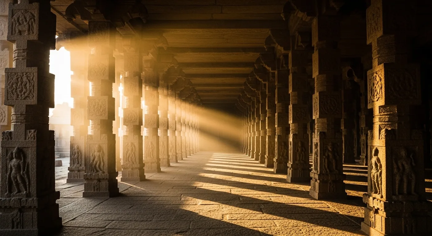Srirangam Temple gopuram at sunrise with the Kaveri river in the foreground
