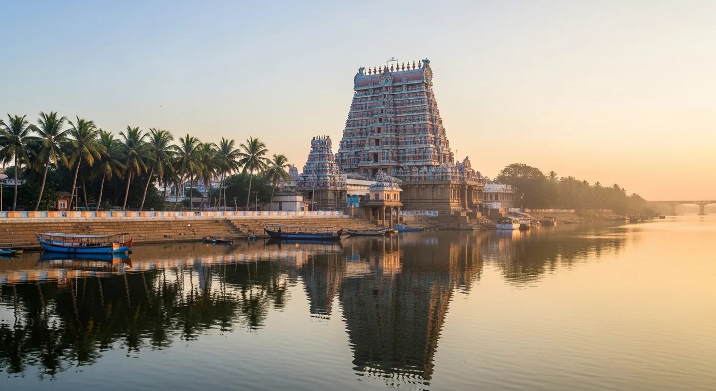 Wedding couple performing rituals in the outer mandapam of Srirangam Temple with priest and sacred fire