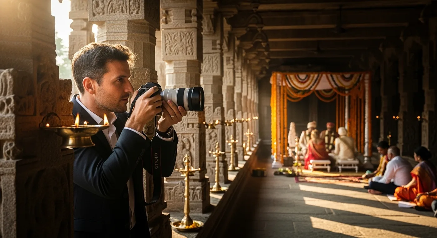 Close-up of traditional Vaishnavite wedding rituals showing the Namam tilak and mangalsutra ceremony