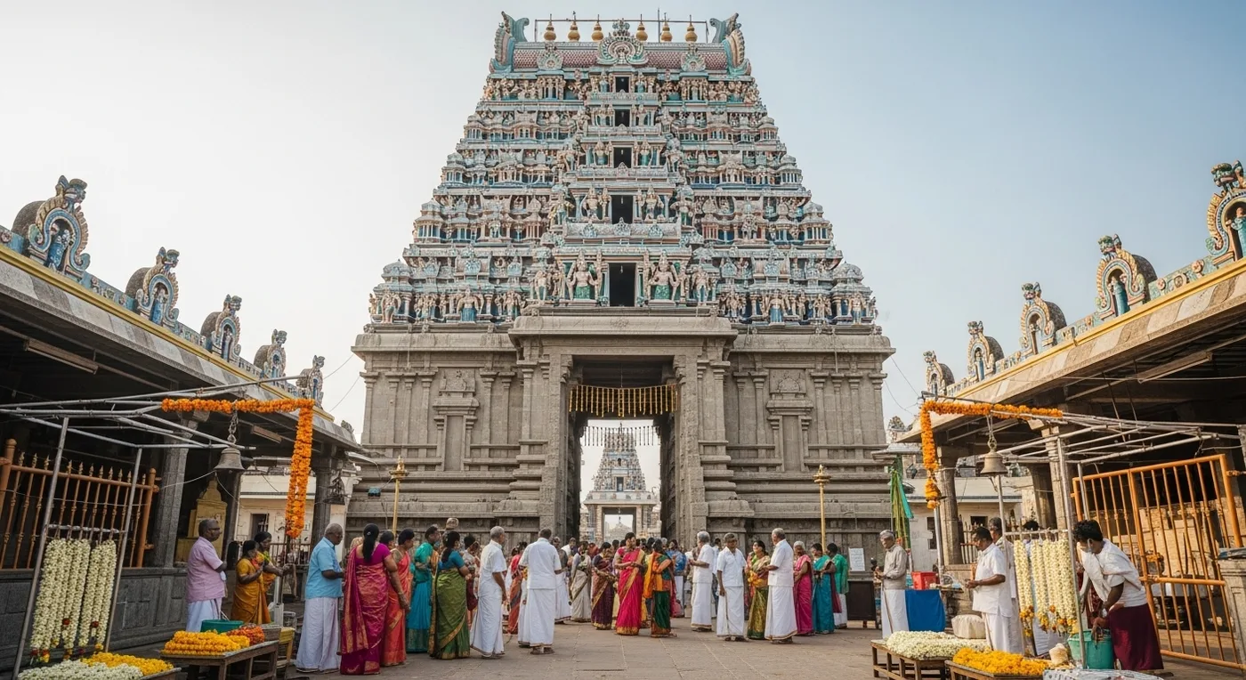Ornate mandapam inside a Tamil Nadu temple prepared for a wedding ceremony with floral decorations
