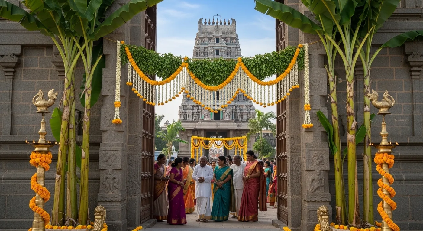 Decorated south Indian temple entrance with banana plants and mango leaf thoranam for a wedding