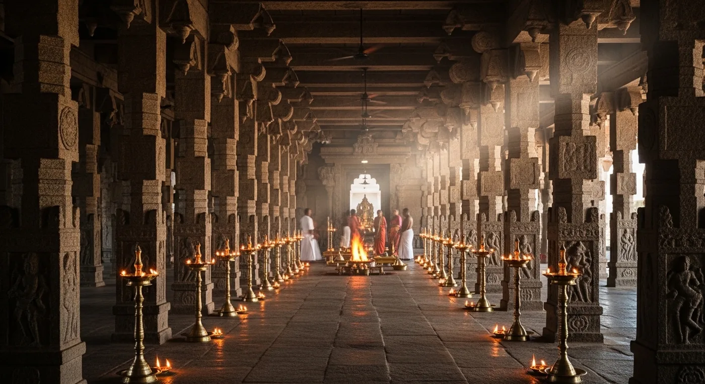 Ornate stone pillars inside a south Indian temple mandapam lit by oil lamps during a wedding ceremony