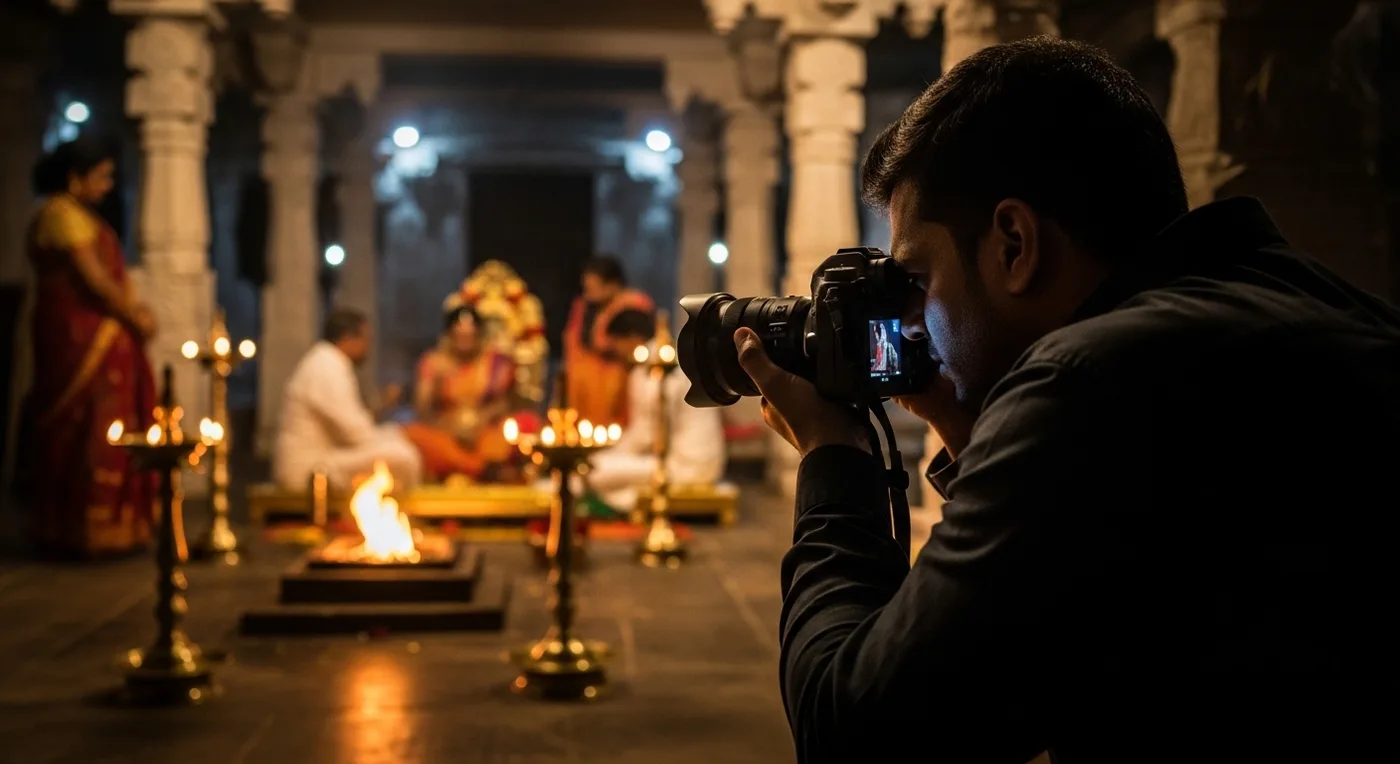 Photographer capturing a temple wedding ceremony with natural light through carved stone pillars