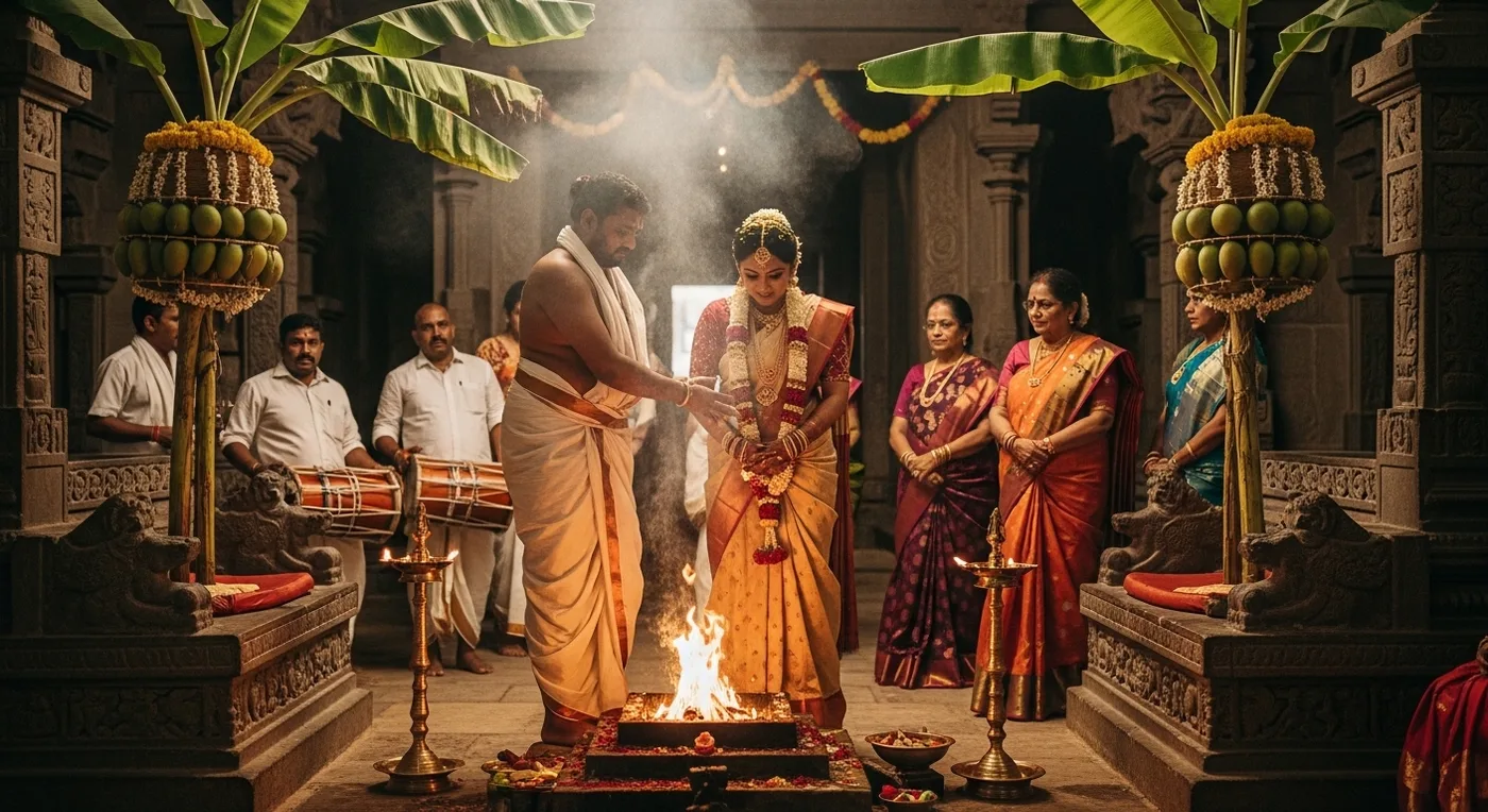 Bride and groom performing saptapadi around sacred fire inside a temple with family watching