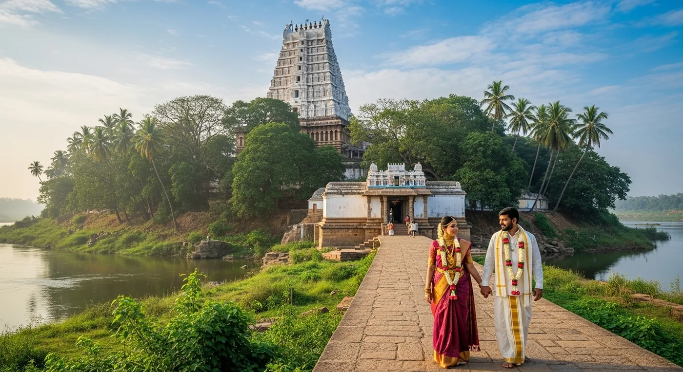 Sri Krishna Temple in Udupi with the ornate Kanakana Kindi window and temple tank