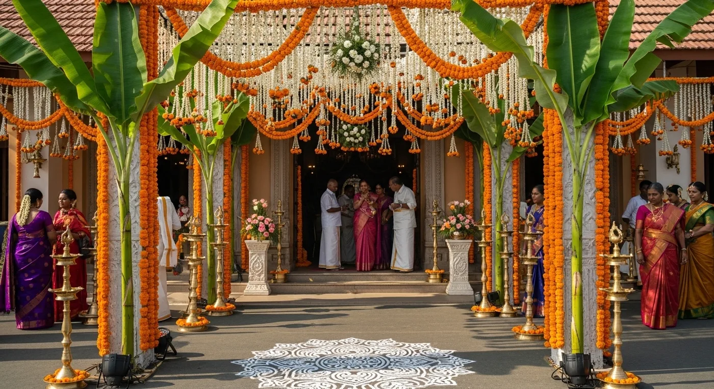 Beautifully decorated wedding venue in Thanjavur with traditional floral arrangements and brass oil lamps