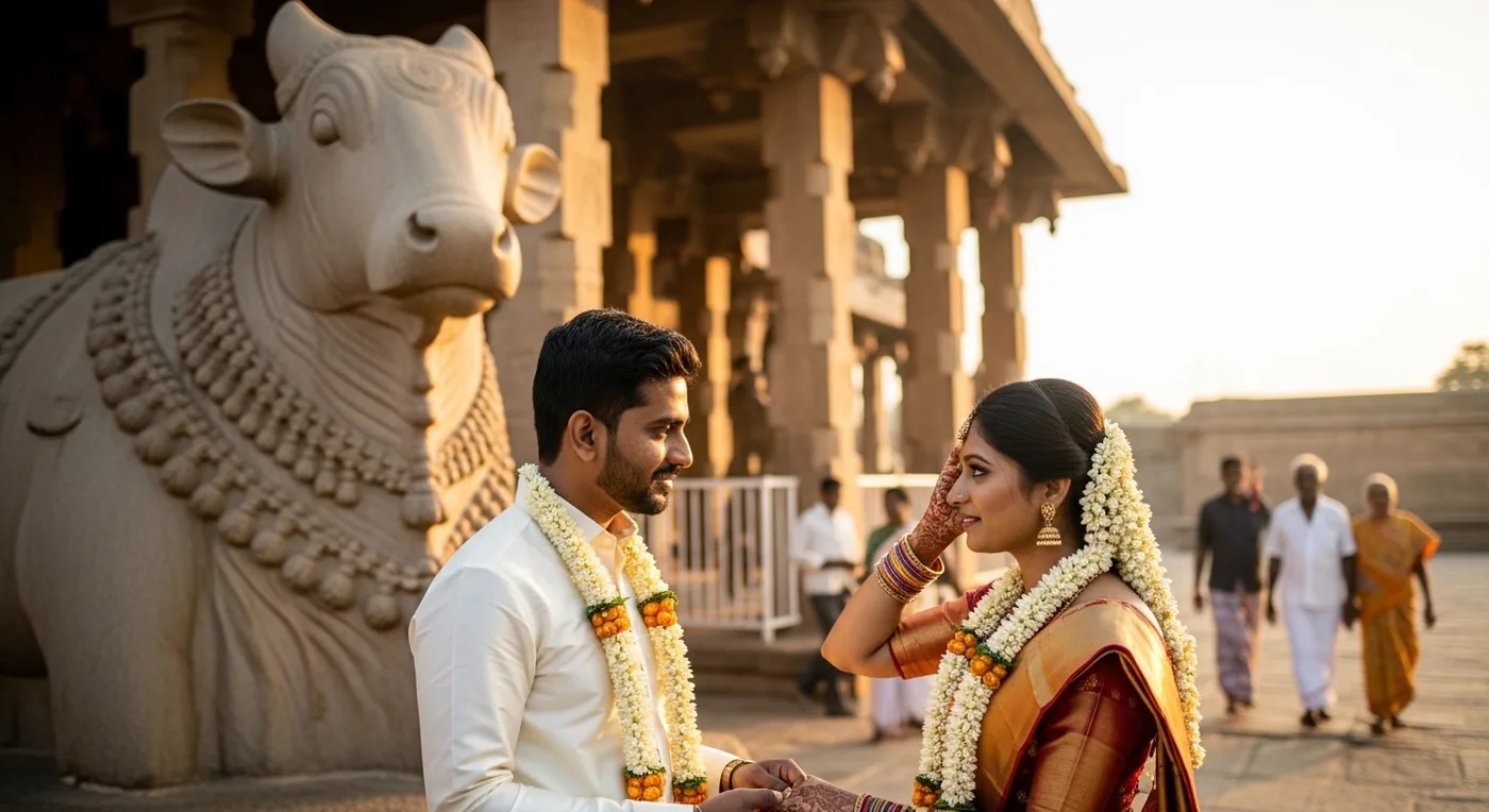 A wedding couple posing near the Nandi mandapam at Brihadeeswarar Temple with the massive stone Nandi and vimana in the background