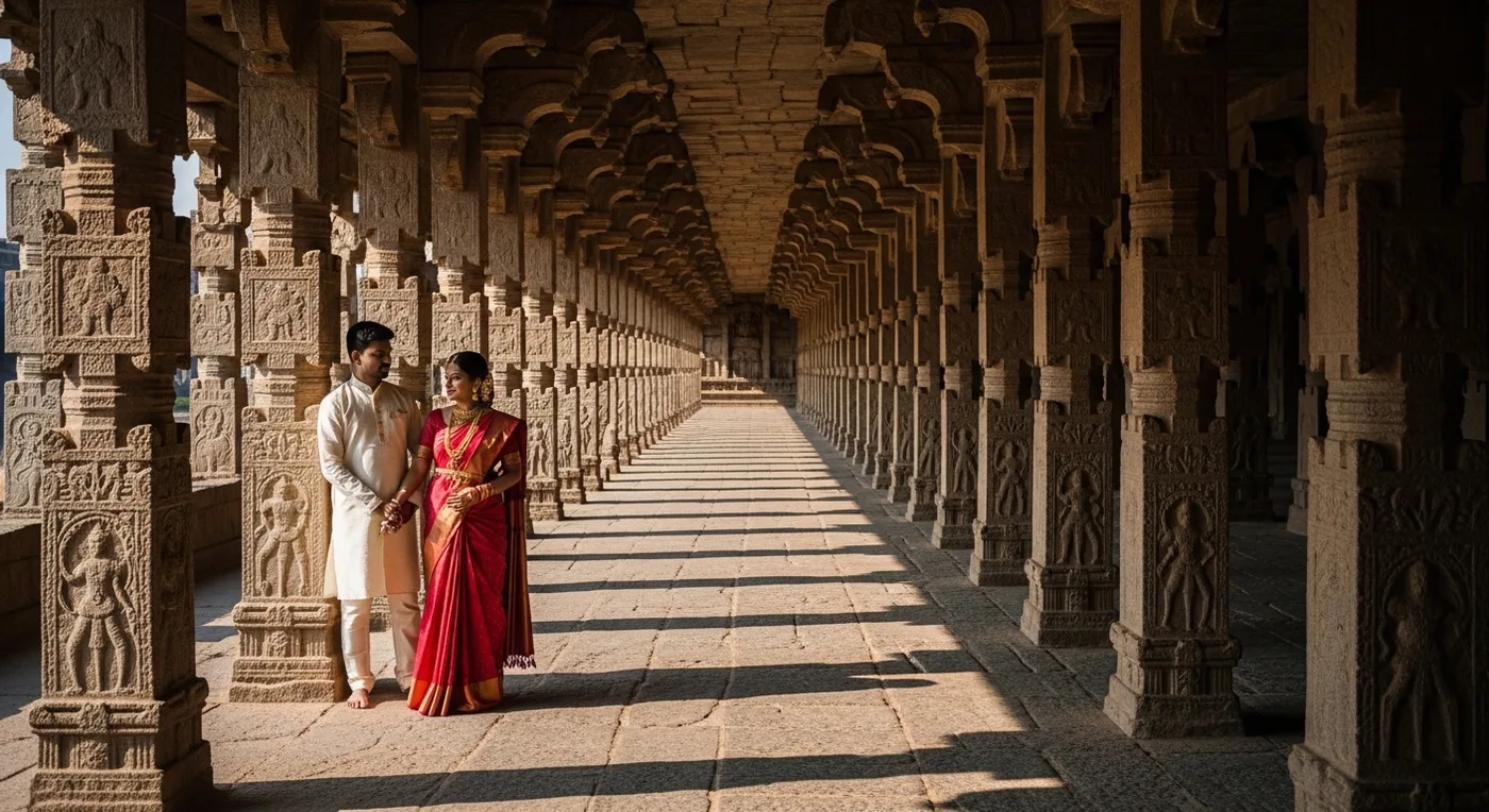 Couple portrait in the thousand-pillar corridor of Brihadeeswarar Temple