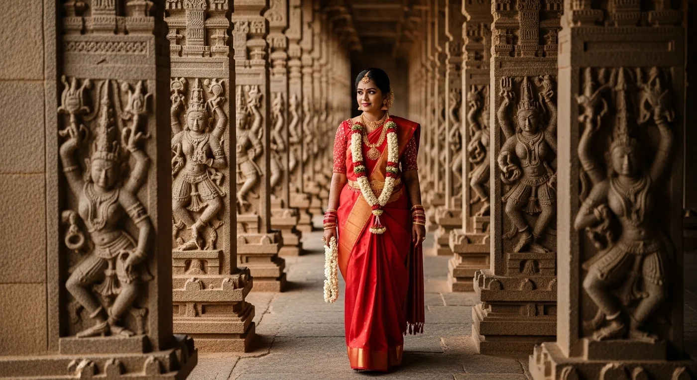 The Brihadeeswarar Temple corridor bathed in golden morning light, with carved stone pillars creating dramatic shadows
