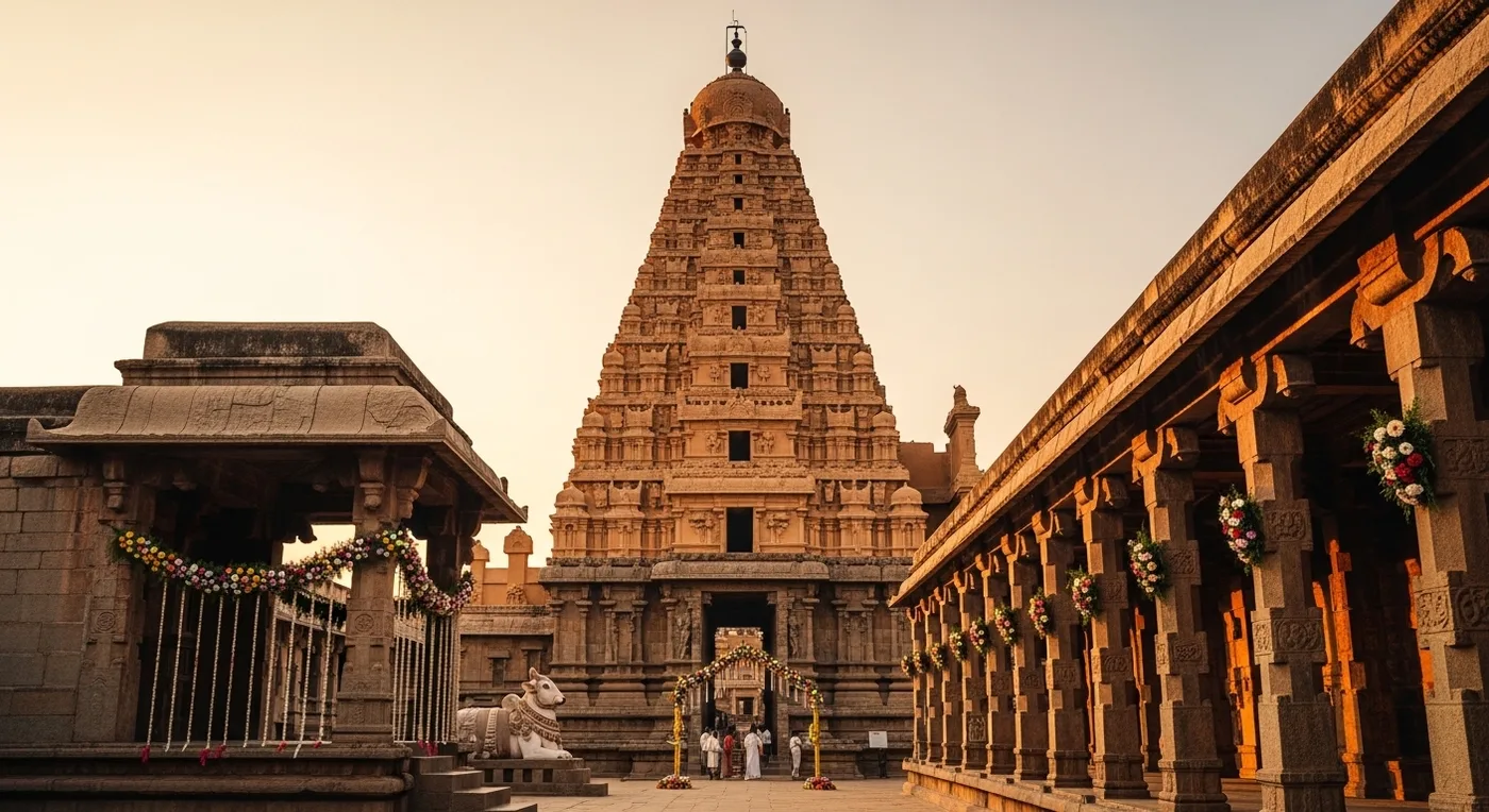 The Brihadeeswarar Temple in Thanjavur at golden hour with wedding decorations at the entrance