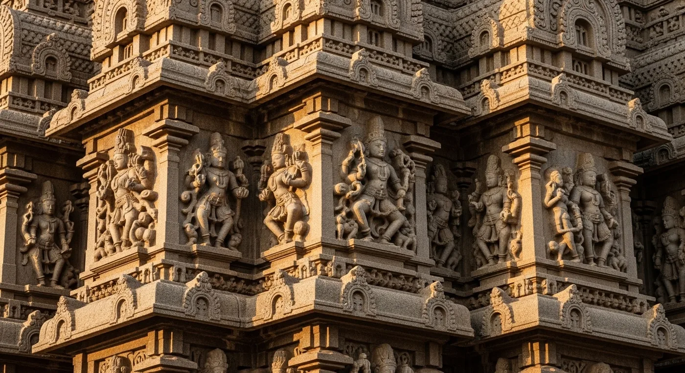 Close-up of the Brihadeeswarar Temple vimana showing the intricate Chola-era stone carvings and towering granite structure