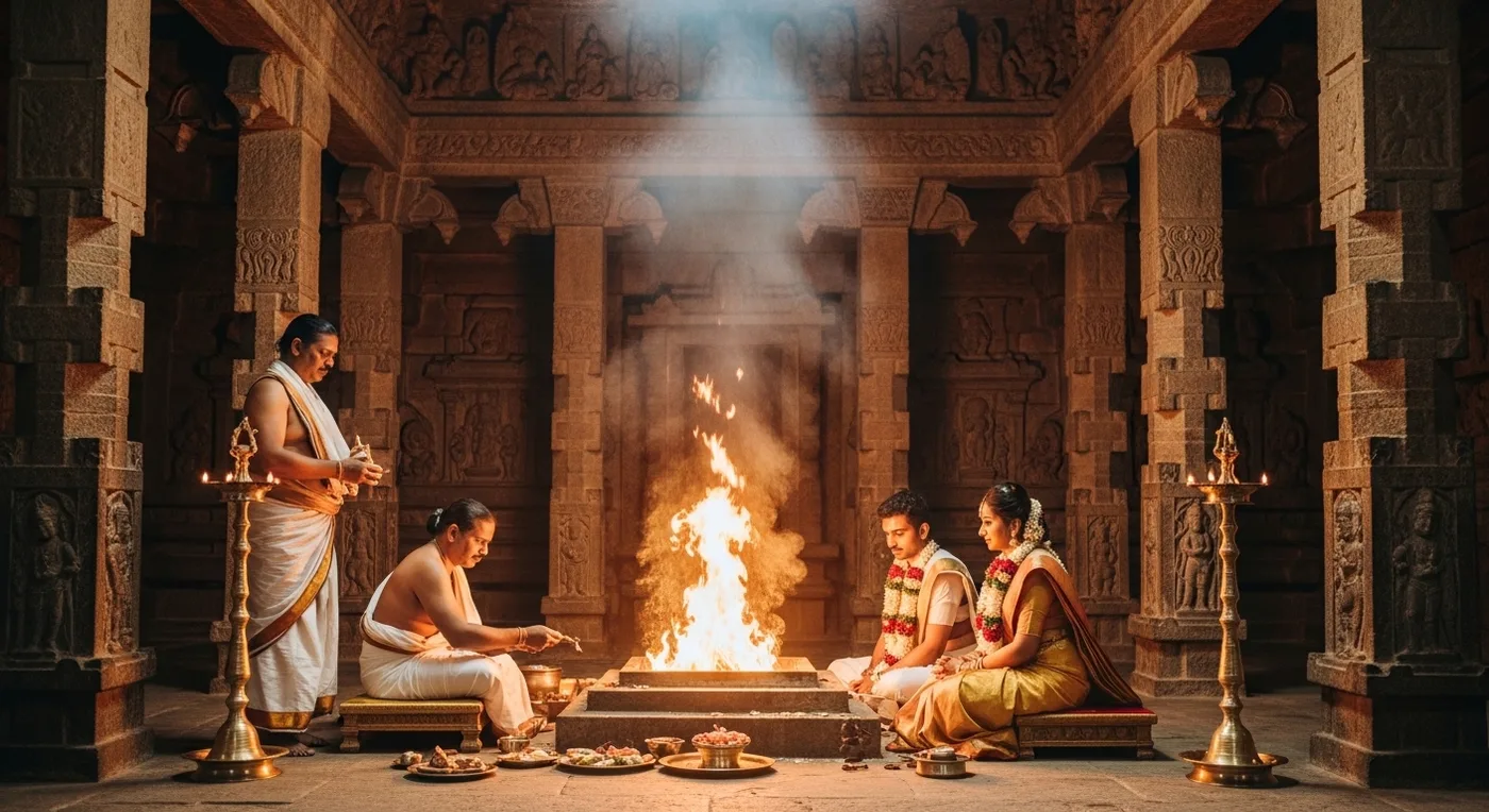 A traditional temple wedding ceremony with sacred fire at Brihadeeswarar Temple, with the priest performing homam rituals