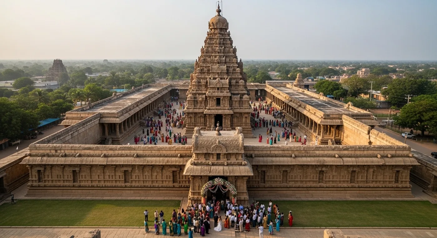 The majestic Brihadeeswarar Temple vimana tower in Thanjavur with wedding decorations at the entrance mandapam