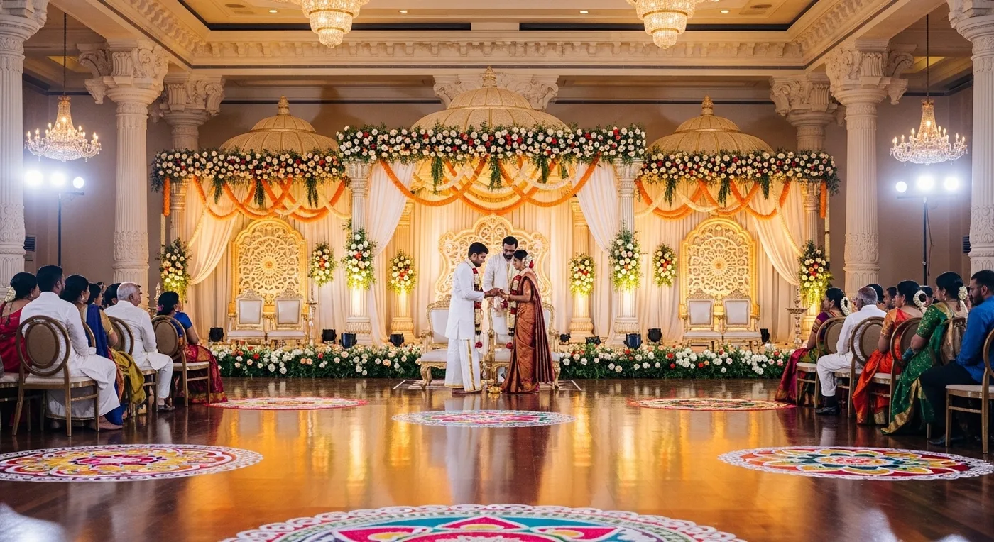 Wedding ceremony at a Thanjavur kalyana mandapam with floral decorations and traditional kolam patterns