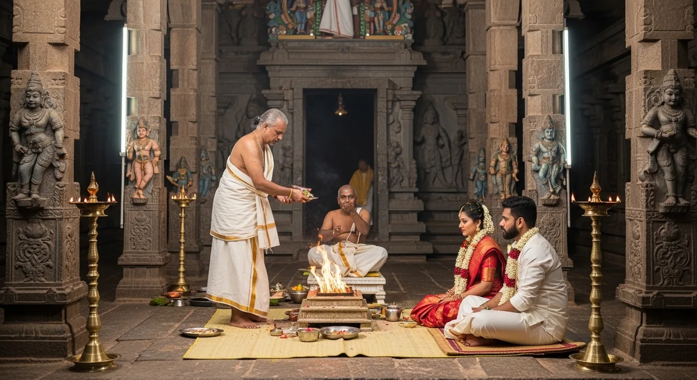 Temple wedding ceremony in Kumbakonam with traditional priest conducting rituals
