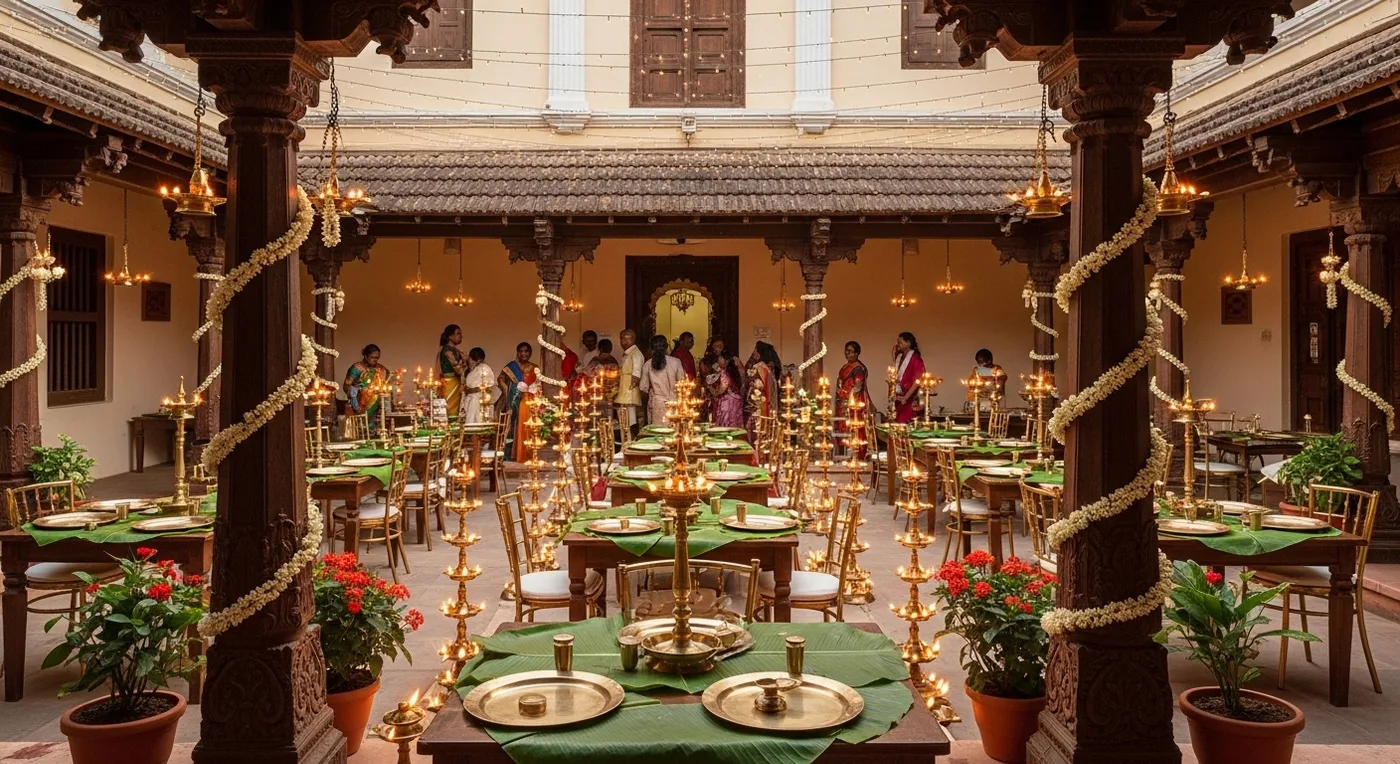 Restored heritage hotel courtyard in Thanjavur with carved pillars and traditional architecture set up for a wedding