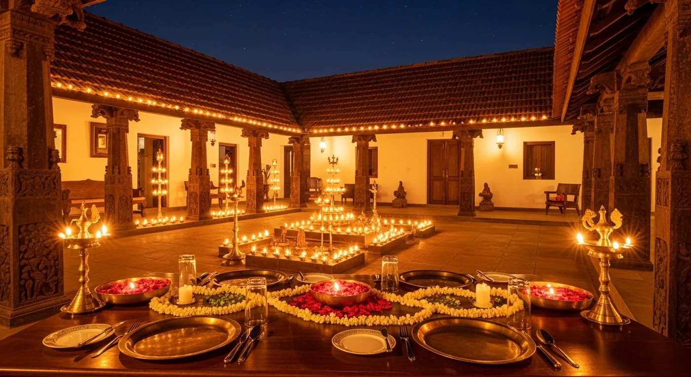 The restored heritage courtyard at Svatma Thanjavur set up for an evening wedding reception with ambient lighting