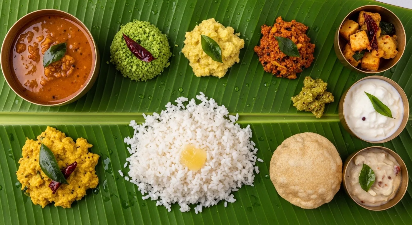 A beautifully arranged banana-leaf wedding meal with sambar, rasam, multiple vegetable dishes, rice, payasam and traditional accompaniments