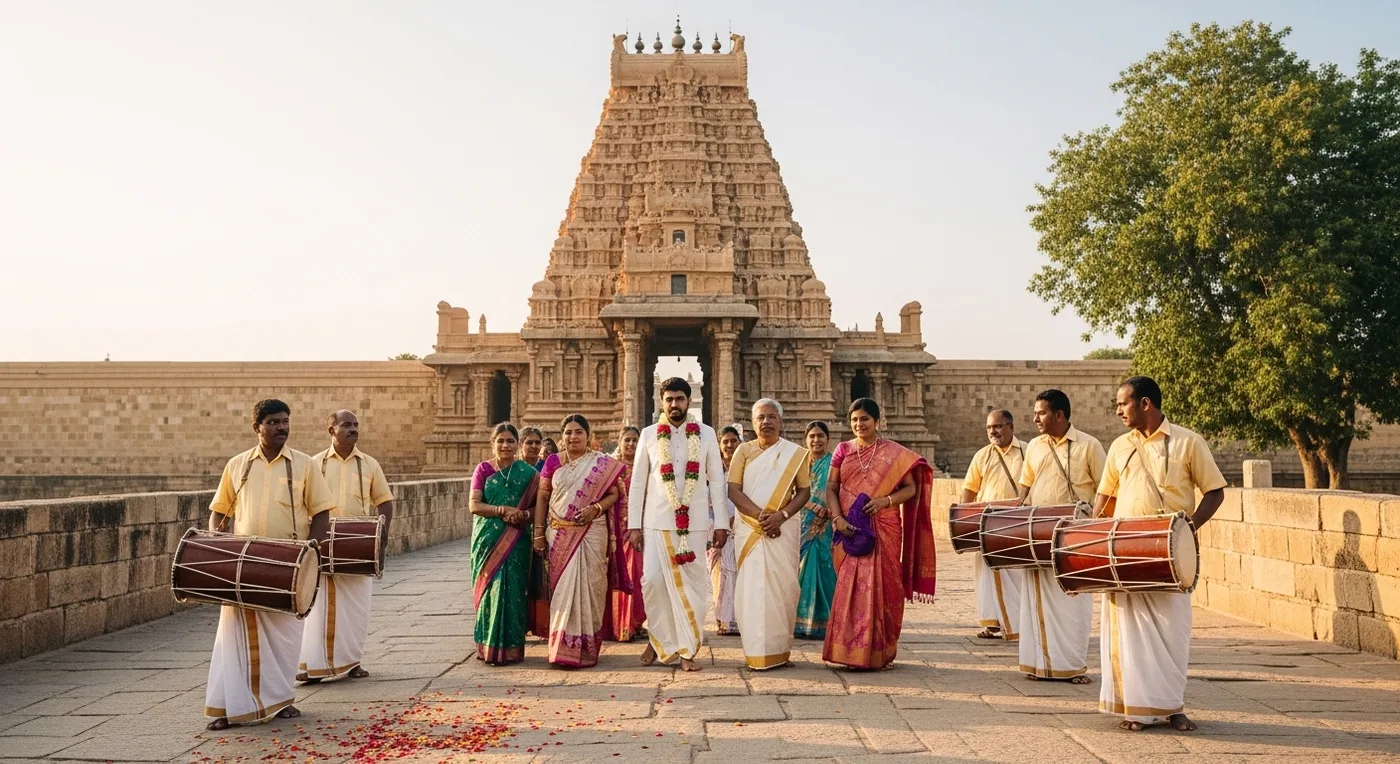 Morning ceremony at the Brihadeeswarar Temple in Thanjavur with wedding procession approaching the temple entrance