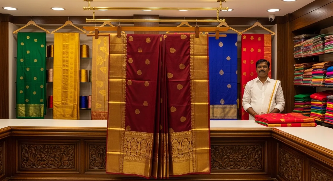 Thanjavur temple jewellery and bridal gold set displayed on silk fabric with traditional Tanjore painting in the background