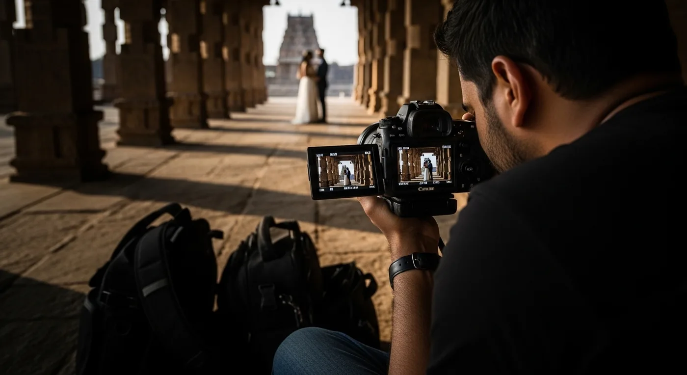A candid wedding photographer capturing emotional moments at a heritage Thanjavur venue