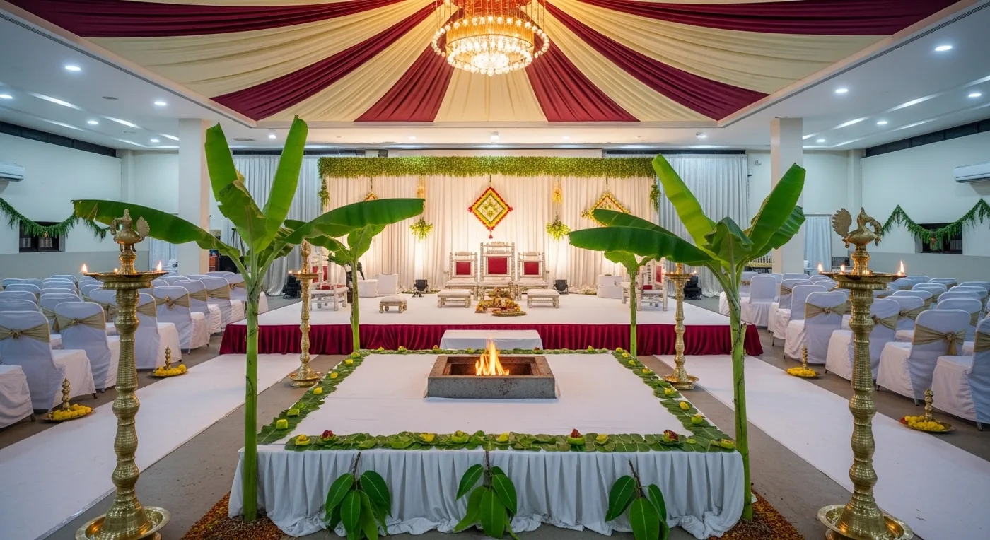 A beautifully decorated kalyana mandapam in Thanjavur ready for a wedding ceremony with floral arrangements