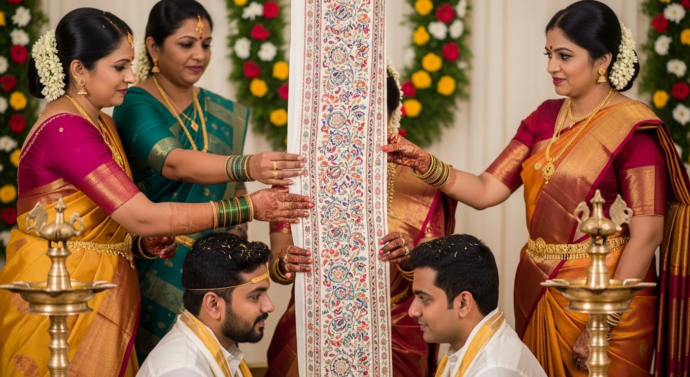 The Antharpat cloth barrier ceremony at a Thanjavur Maratha wedding with the bride and groom on opposite sides