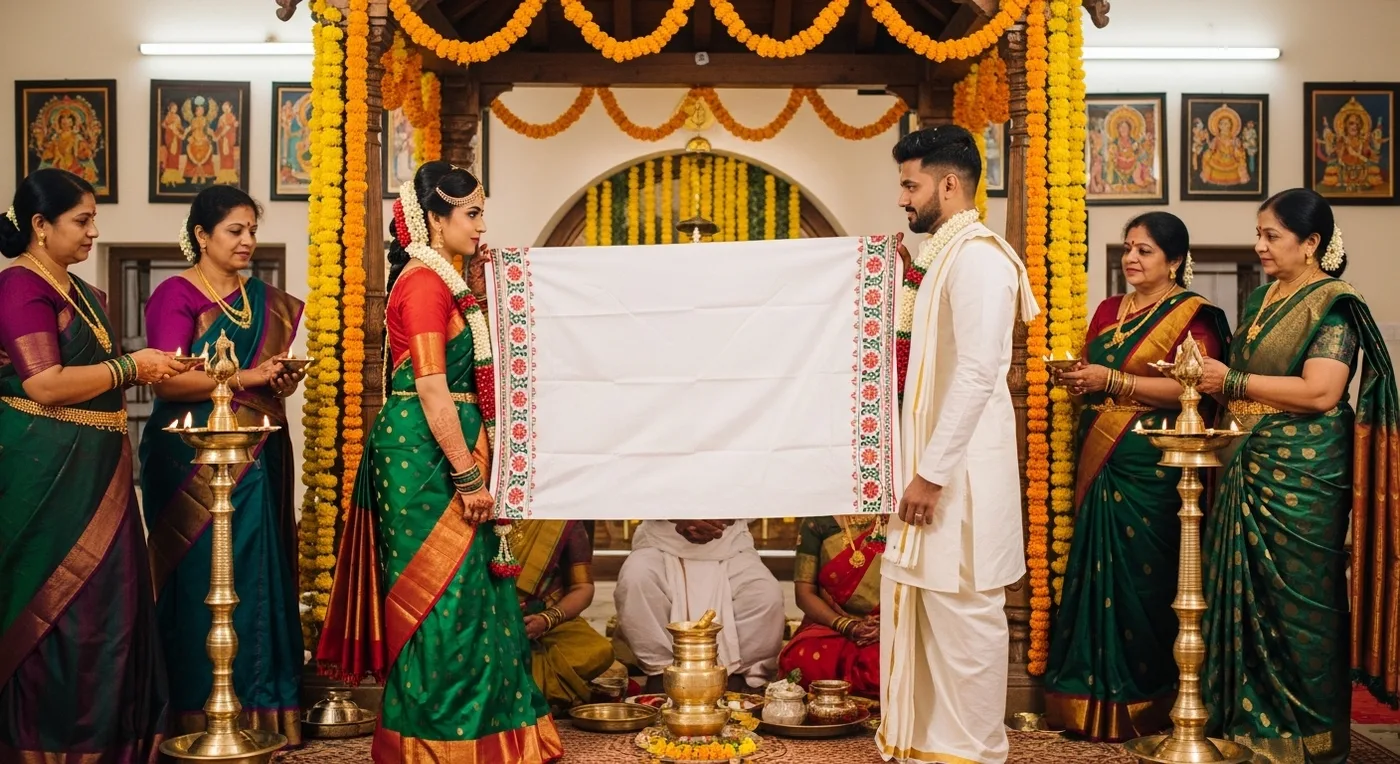 A Thanjavur Maratha wedding ceremony with traditional decorations and the Antharpat cloth barrier ritual