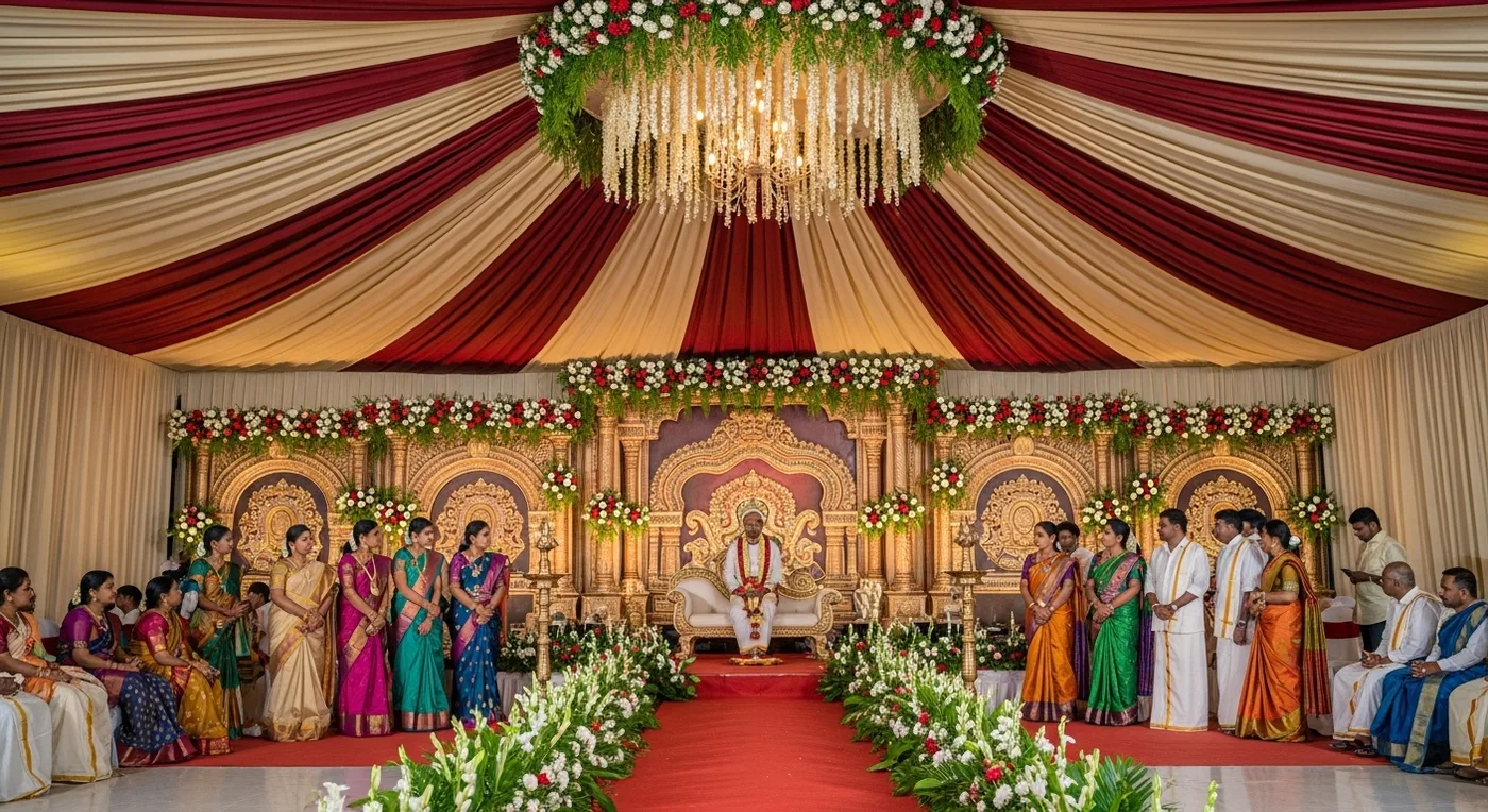 A decorated AC mandapam in Thanjavur with professional floral arrangements and bronze lamp accents for a mid-range wedding