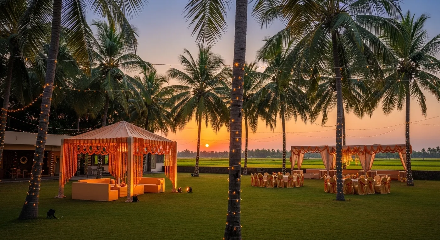 Outdoor resort wedding venue near Thanjavur with palm groves and open lawn for evening reception