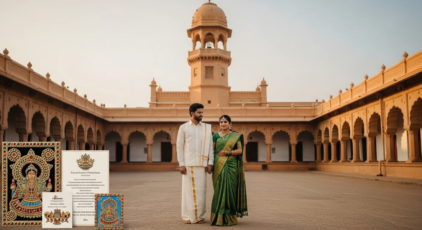 Pre-wedding couple photoshoot at the Thanjavur Royal Palace with Maratha-era architecture