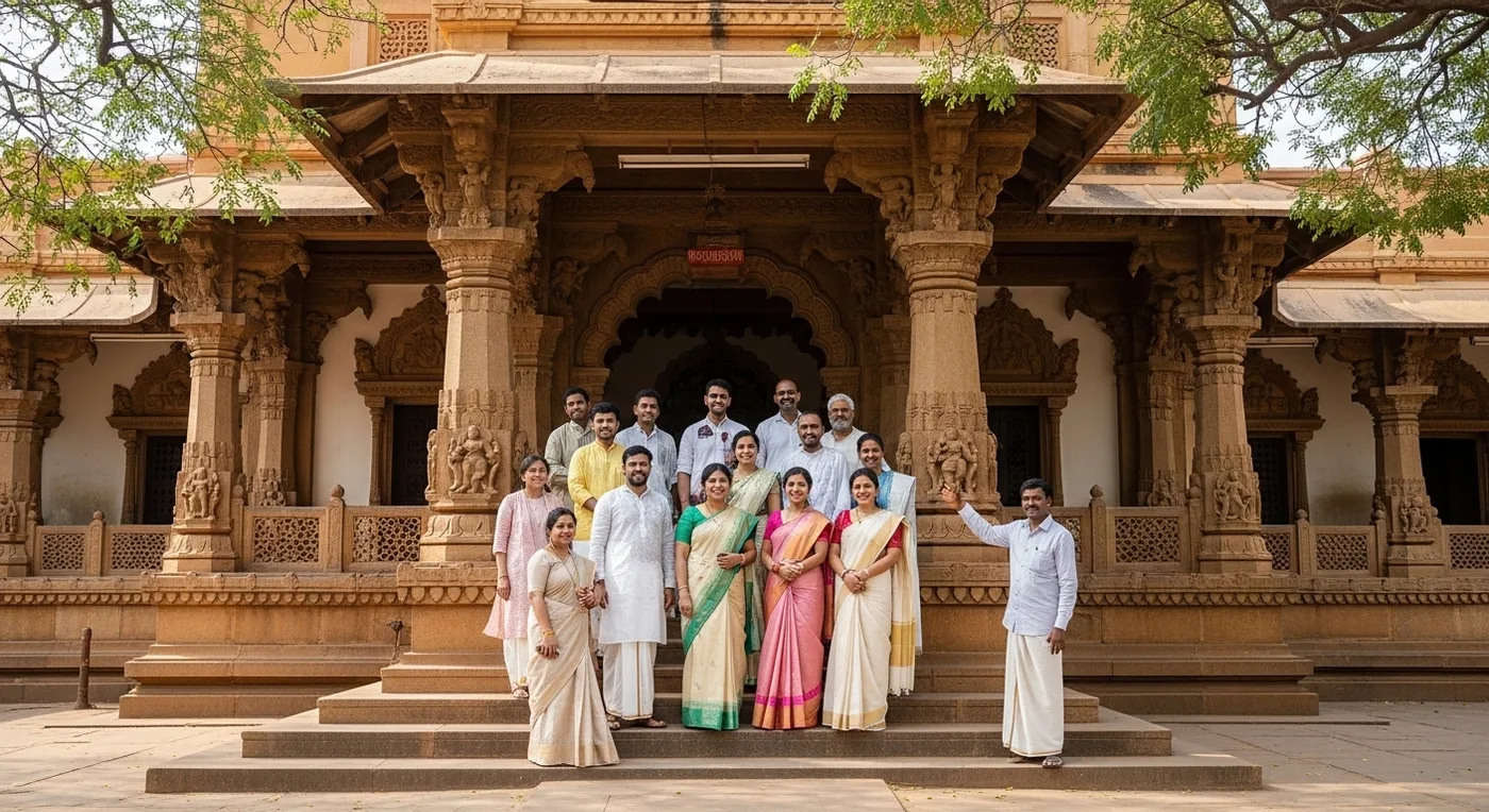 Wedding guests exploring the Saraswathi Mahal Library in Thanjavur on the day after the wedding