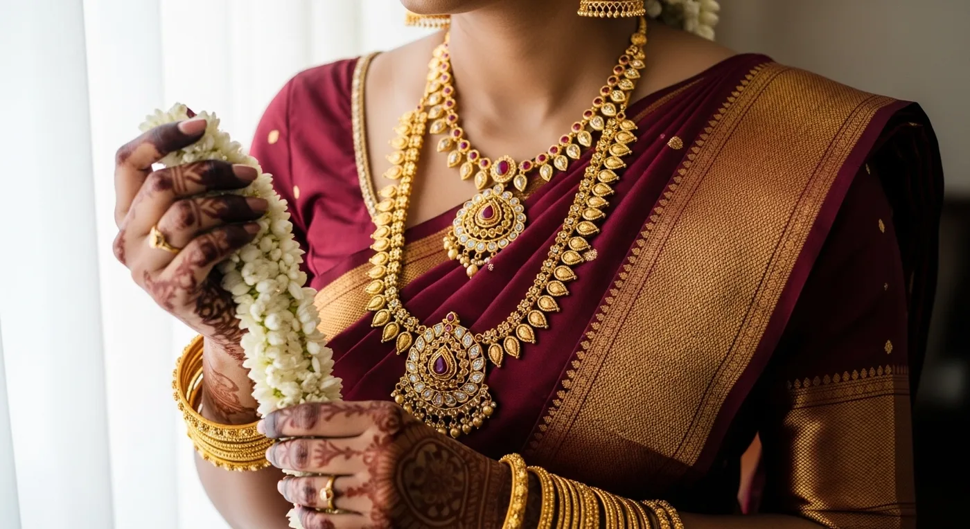 A Thanjavur silk saree displayed with temple jewellery and bridal accessories