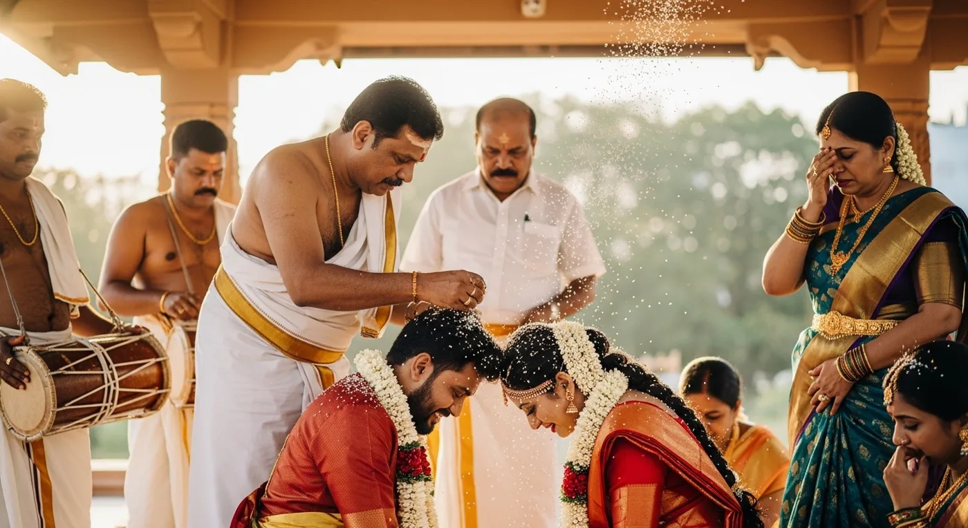 A traditional Tamil wedding muhurtham ceremony at a Thanjavur mandapam with nadaswaram musicians and floral decorations
