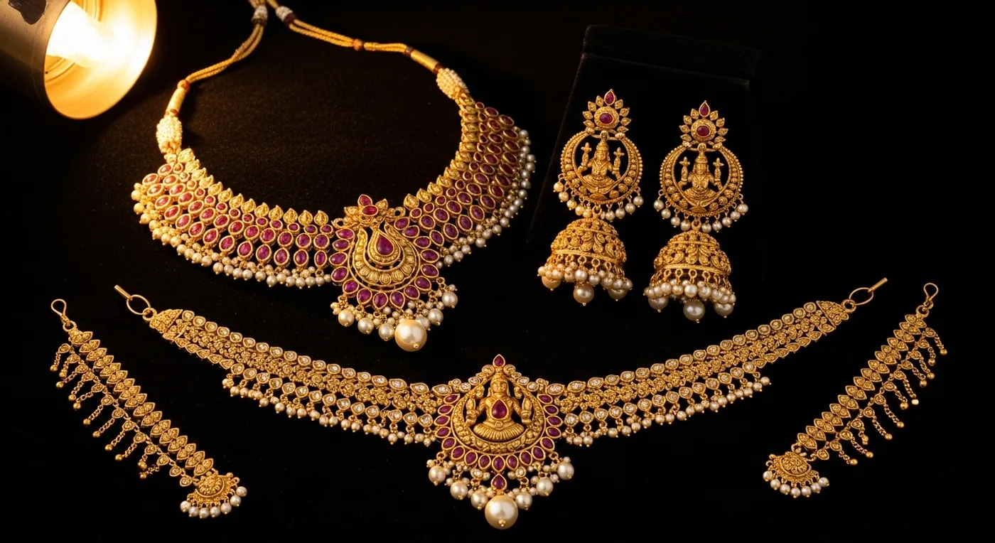 A complete Thanjavur temple jewellery bridal set featuring kemp necklace, jhumka earrings, vanki, and oddiyanam