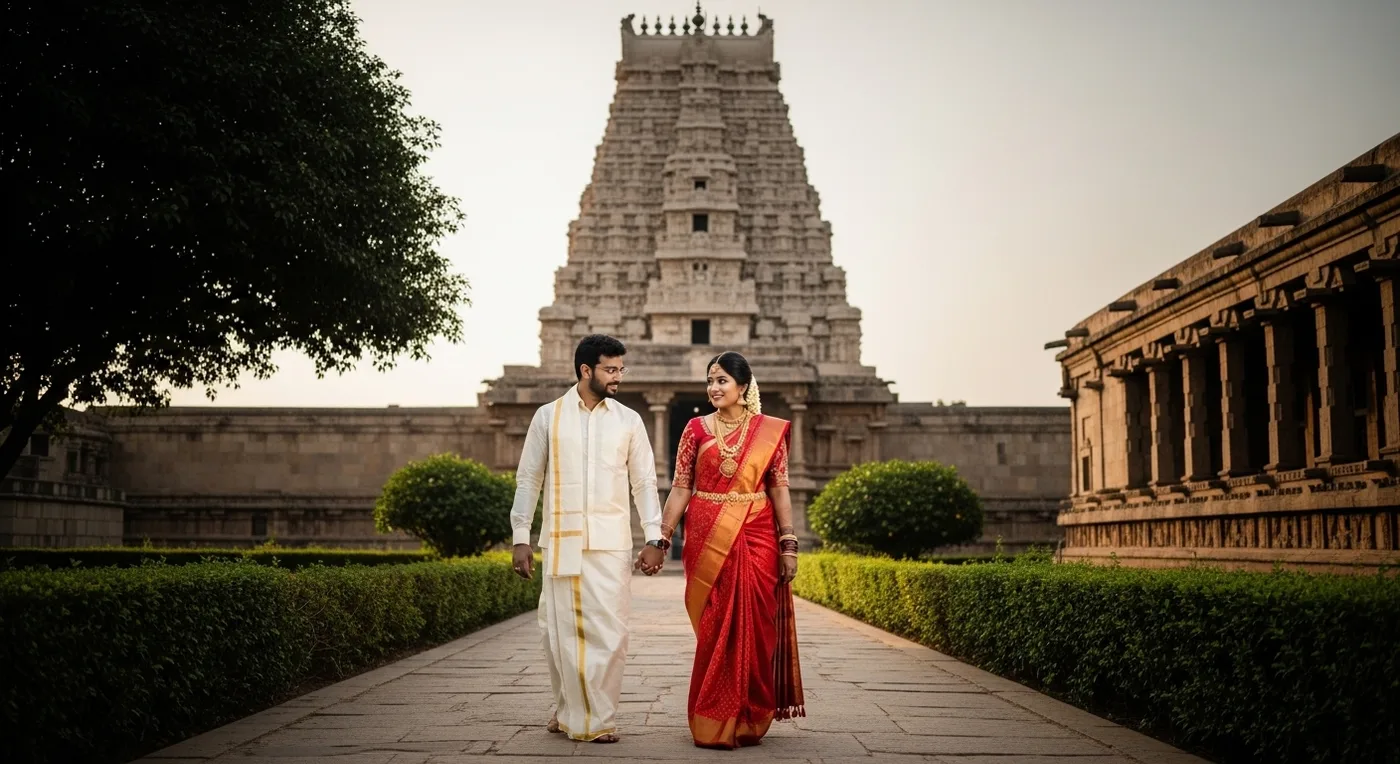 A wedding couple in traditional Tamil attire walking through the Brihadeeswarar Temple complex after their ceremony