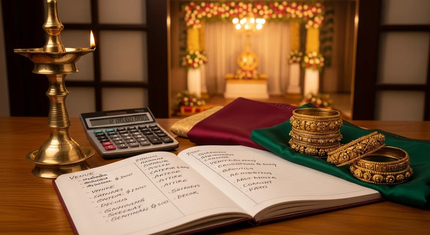 Wedding budget planning items laid out on a table with Tamil wedding accessories and a decorated mandapam in the background