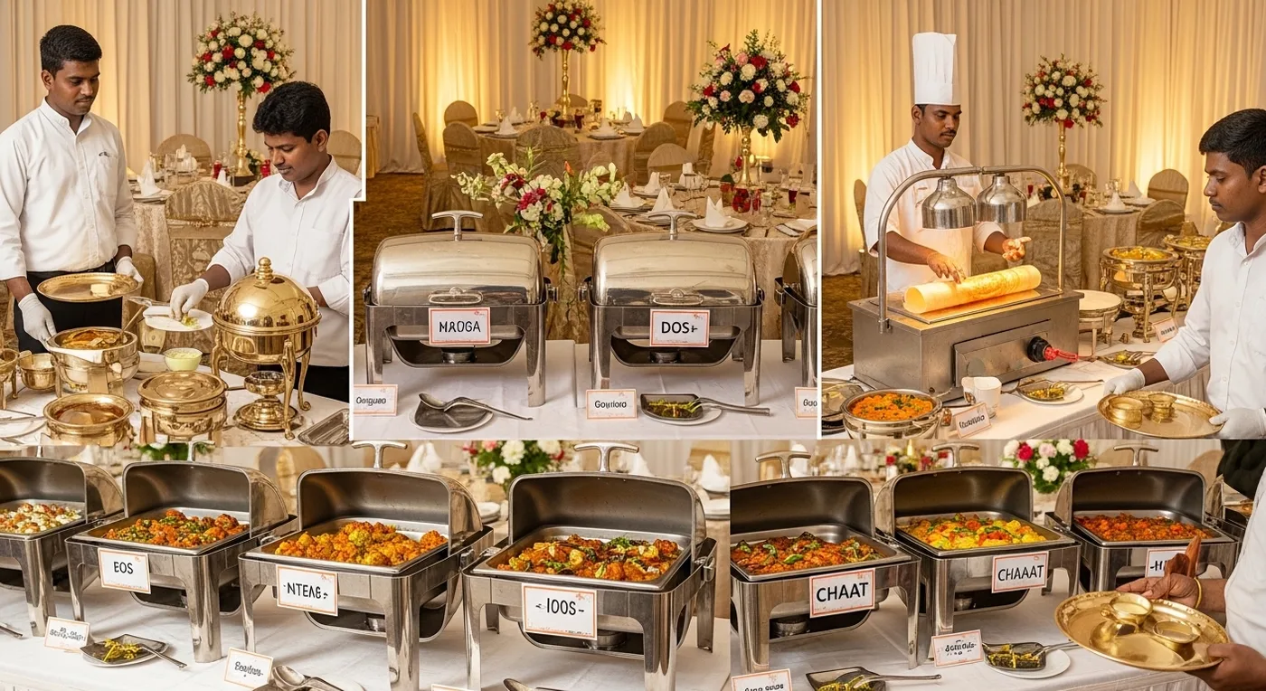 A modern buffet setup at a Thanjavur wedding reception with chafing dishes, live counters and elegant table arrangements